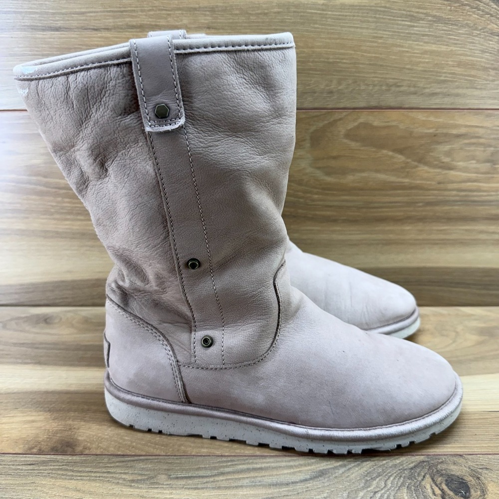 UGG Malindi Beige Leather Cuff Womens 7 Sherpa Fur Lined Mid Calf Cozy Boho